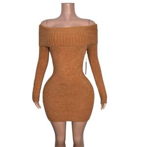 Elegant Long Sleeve Off-Shoulder Dress - Tan